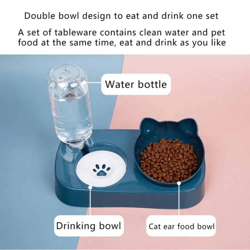 Double Dog Cat Bowls - Pets Water and Food Bowl Set, 15°Tilted Water and Food Bowl Set with Automatic Waterer Bottle for Small or Medium Size Dogs Cats