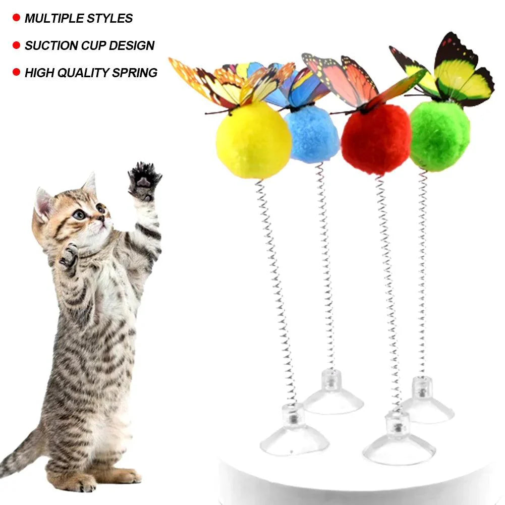 Pet Feather Spring Toy Random Color Suction Cup Cat Fur Ball Wand Teaser Interactive Toys Cat Scratcher Toy Supplies 1PC