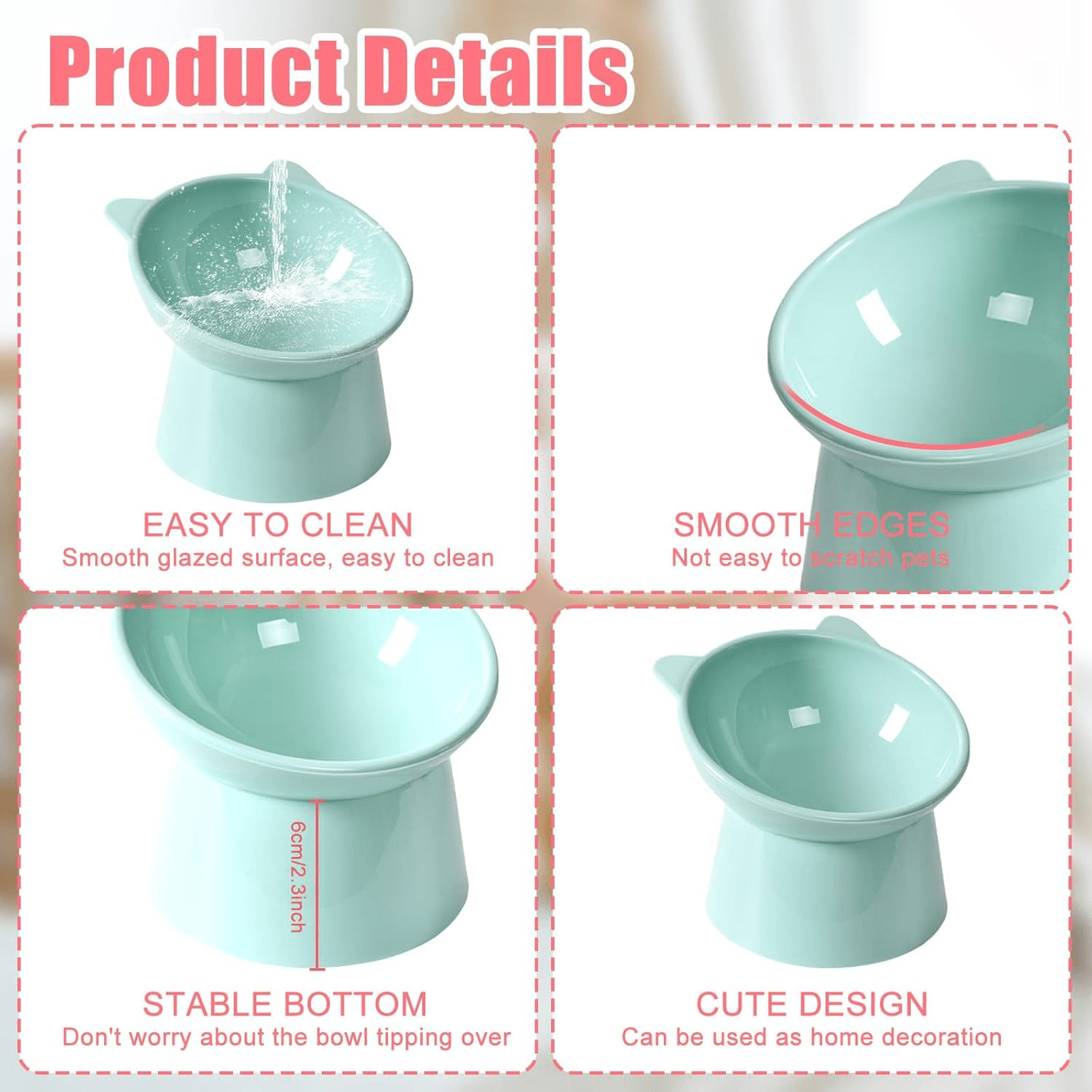 Cat Bowls, Cat Anti Vomit Food Bowl, 15 Degree Raised Anti Tip Pet Bowl for Water and Protecting Spine