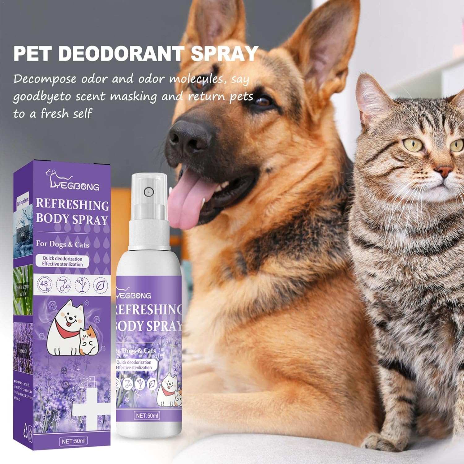 Pet Deodorant Spray, Anti-Itch Natural Conditioning Scented for Refreshes Deodorizes Daily Long Lasting Odor Spray for Cats and Dogs 50ml