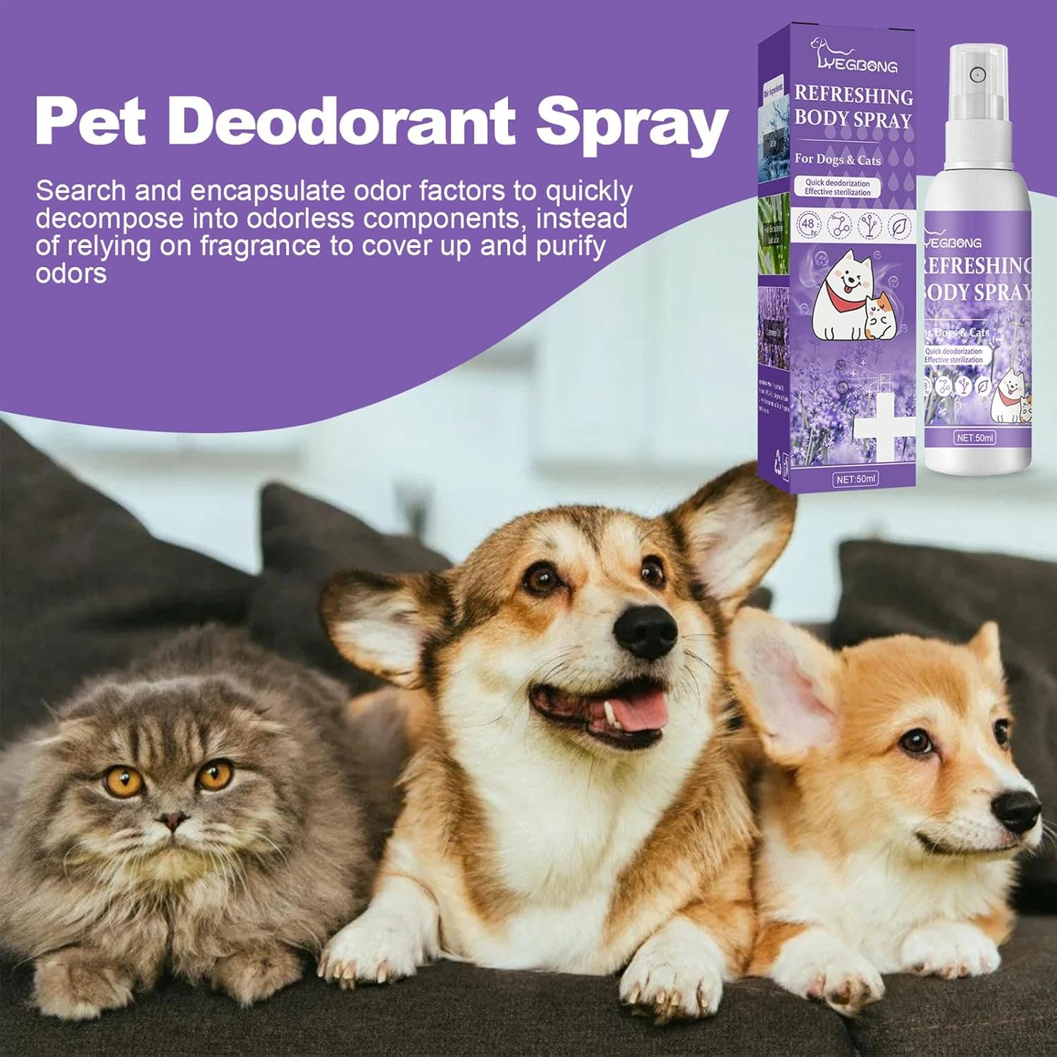Pet Deodorant Spray, Anti-Itch Natural Conditioning Scented for Refreshes Deodorizes Daily Long Lasting Odor Spray for Cats and Dogs 50ml - Pet Supermarket