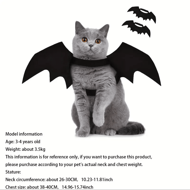 Bat Cat Wings Costume, Small, Black Felt, for Dogs & Cats, Halloween Pet Apparel Bat Wings, Straps for Easy Fit