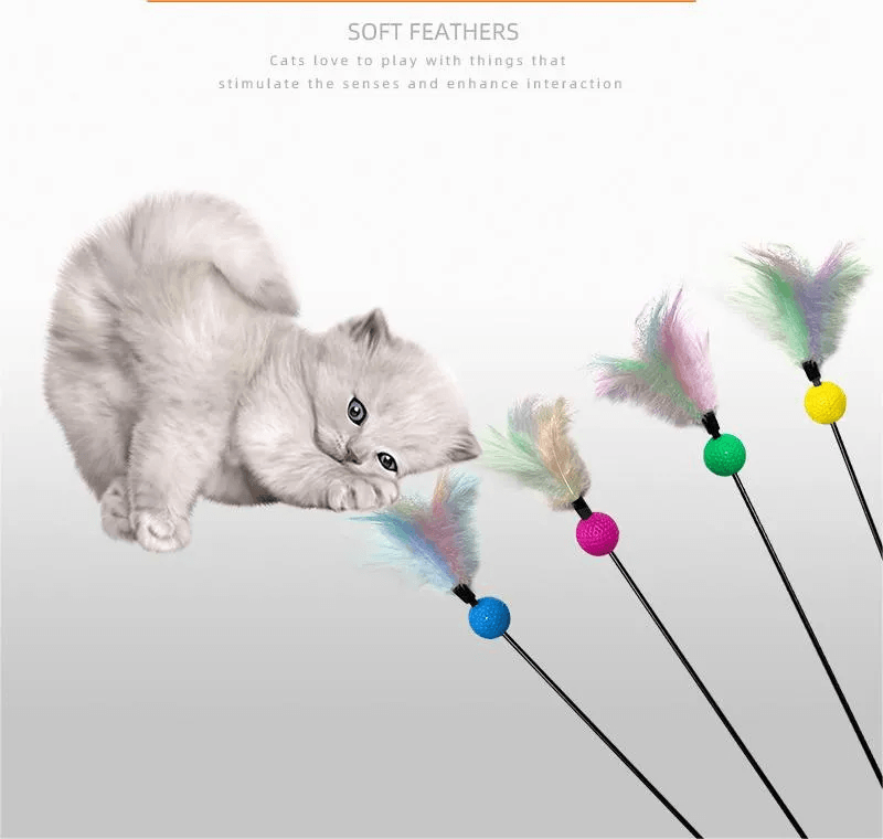Cat Toy Colorful Plastic Ball Feather Tease Cat Rod Ring Ball Sound Tease Cat Stick