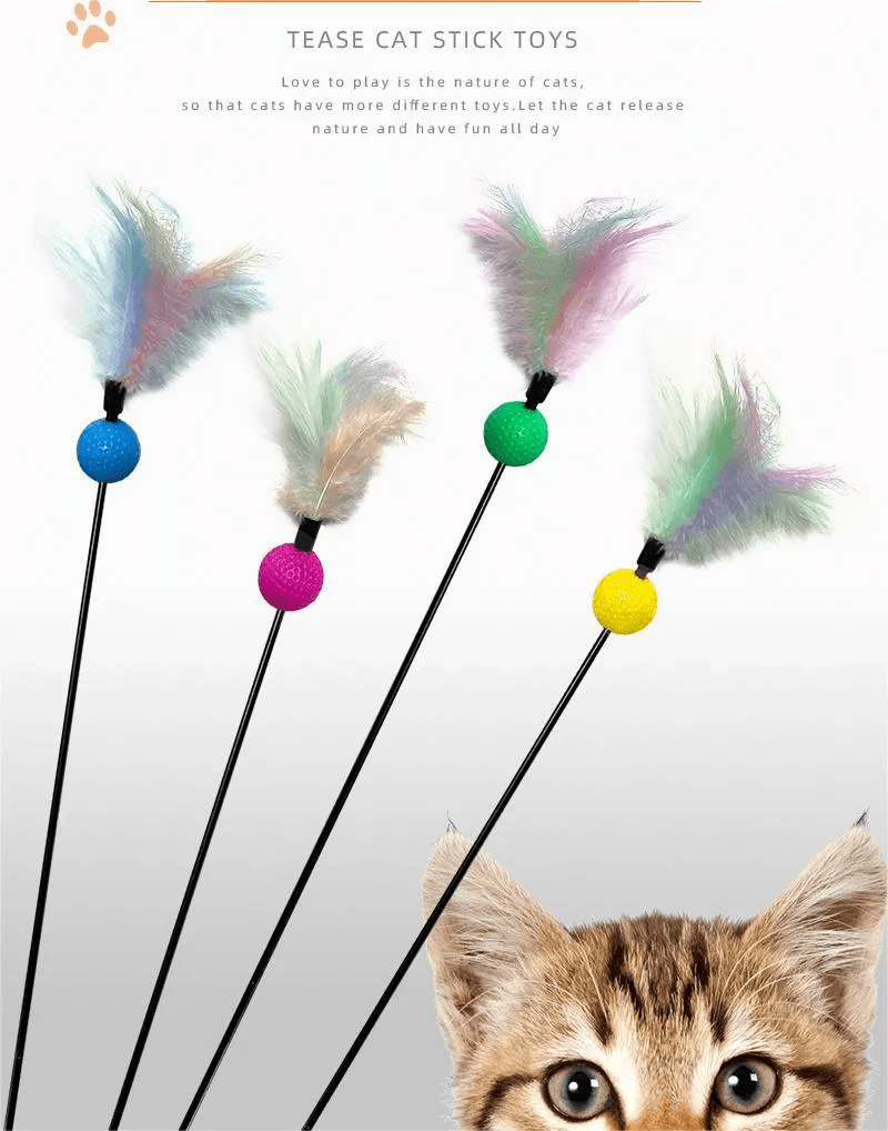Cat Toy Colorful Plastic Ball Feather Tease Cat Rod Ring Ball Sound Tease Cat Stick