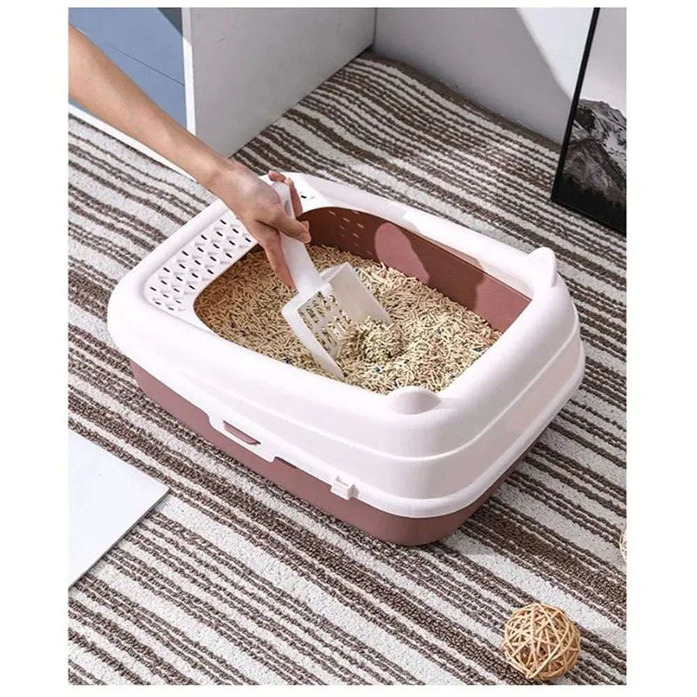 Semi-Enclosed Premium Litter Box, Cat Ear Shaped Open Top Cat Litter Tray, Extra Large Cat Litter Box - Pet Supermarket