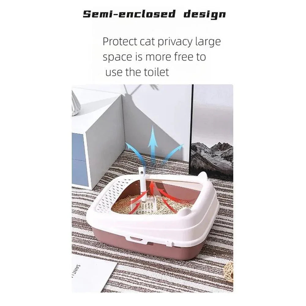 Semi-Enclosed Premium Litter Box, Cat Ear Shaped Open Top Cat Litter Tray, Extra Large Cat Litter Box - Pet Supermarket