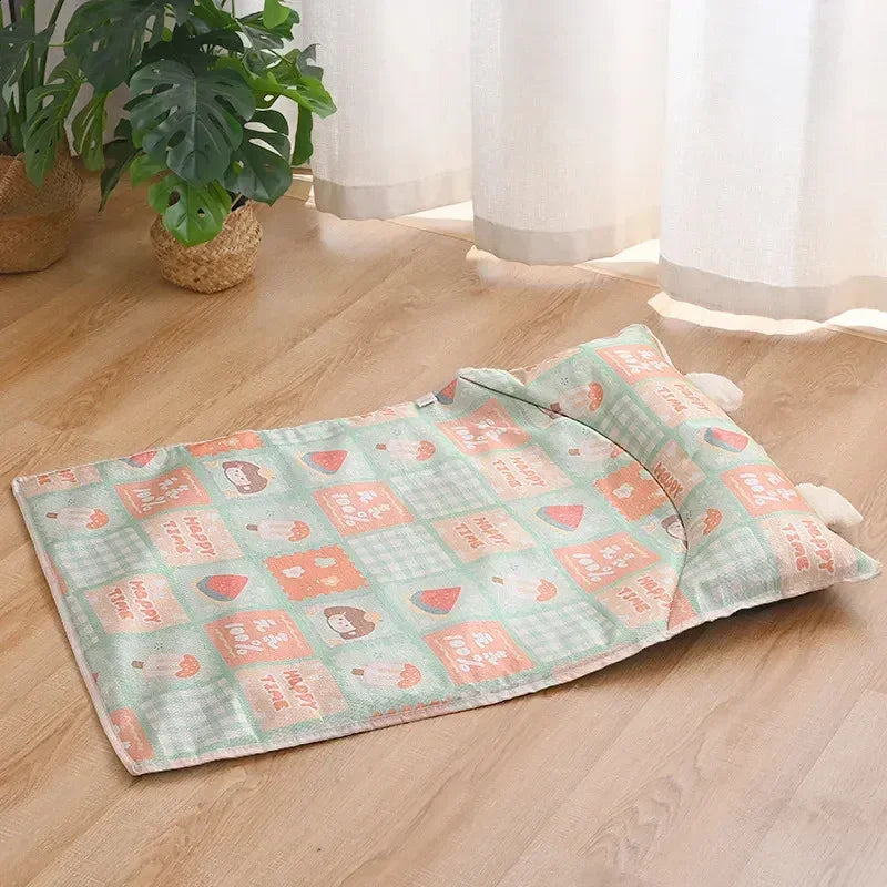 Cooling Pet Mat for Summer - Breathable Ice Pad with Pillow for Small Dogs and Cats - Portable Sleeping Cushion