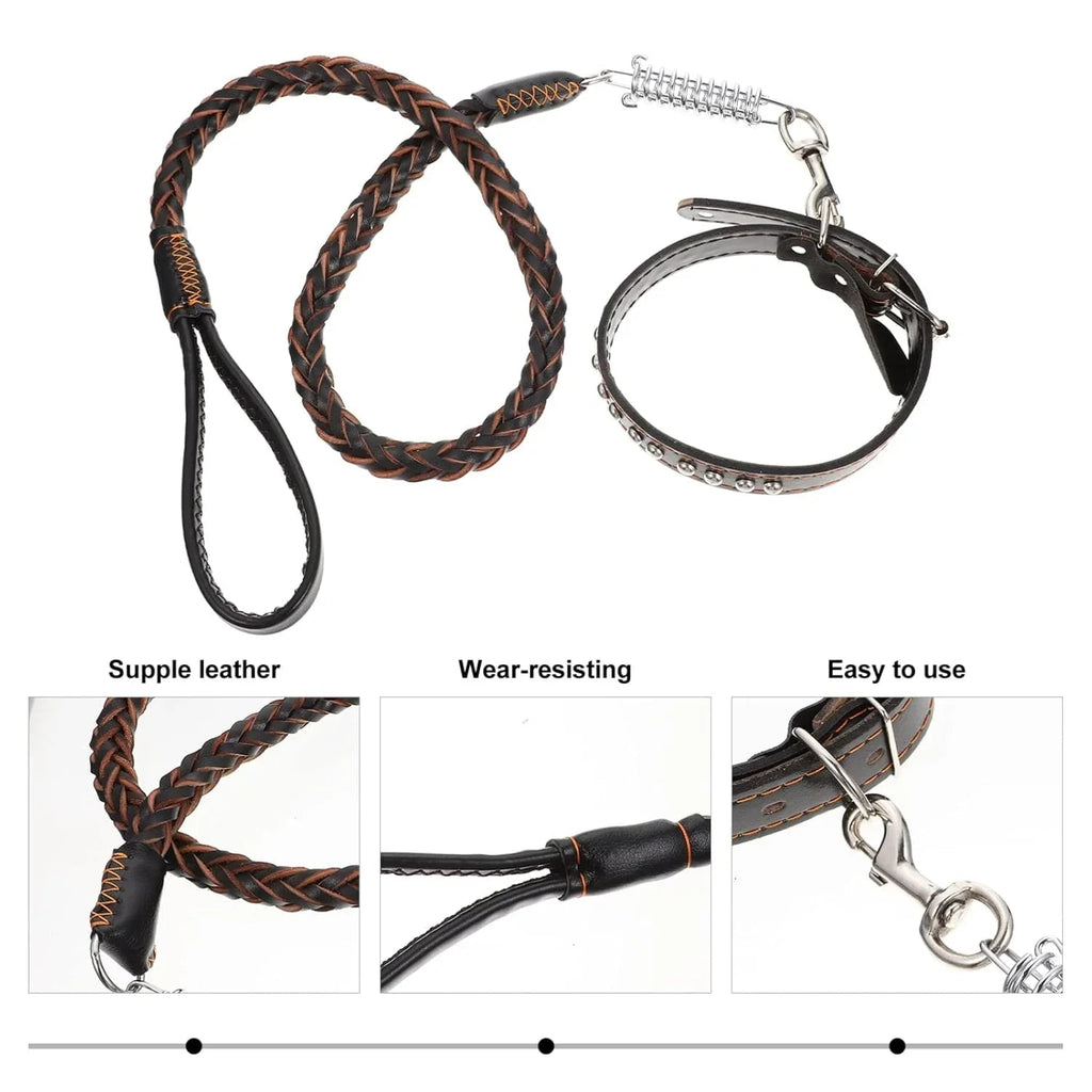 120cm Leather Braided Dog Leash Black Padded Handle Pet Walking Running Leads with Spring Buffer for Medium Large Dogs Labrador - Pet Supermarket