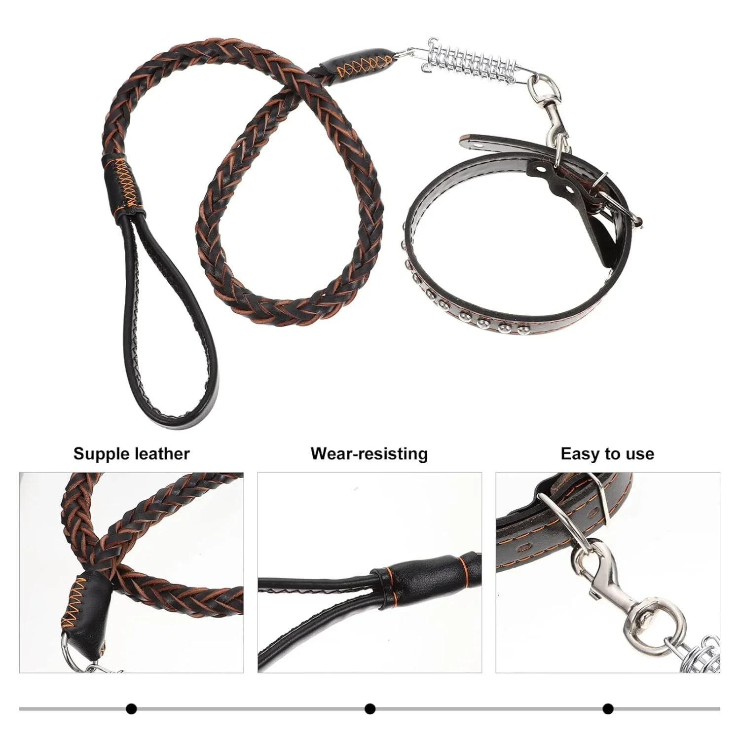 120cm Leather Braided Dog Leash Black Padded Handle Pet Walking Running Leads with Spring Buffer for Medium Large Dogs Labrador - Pet Supermarket