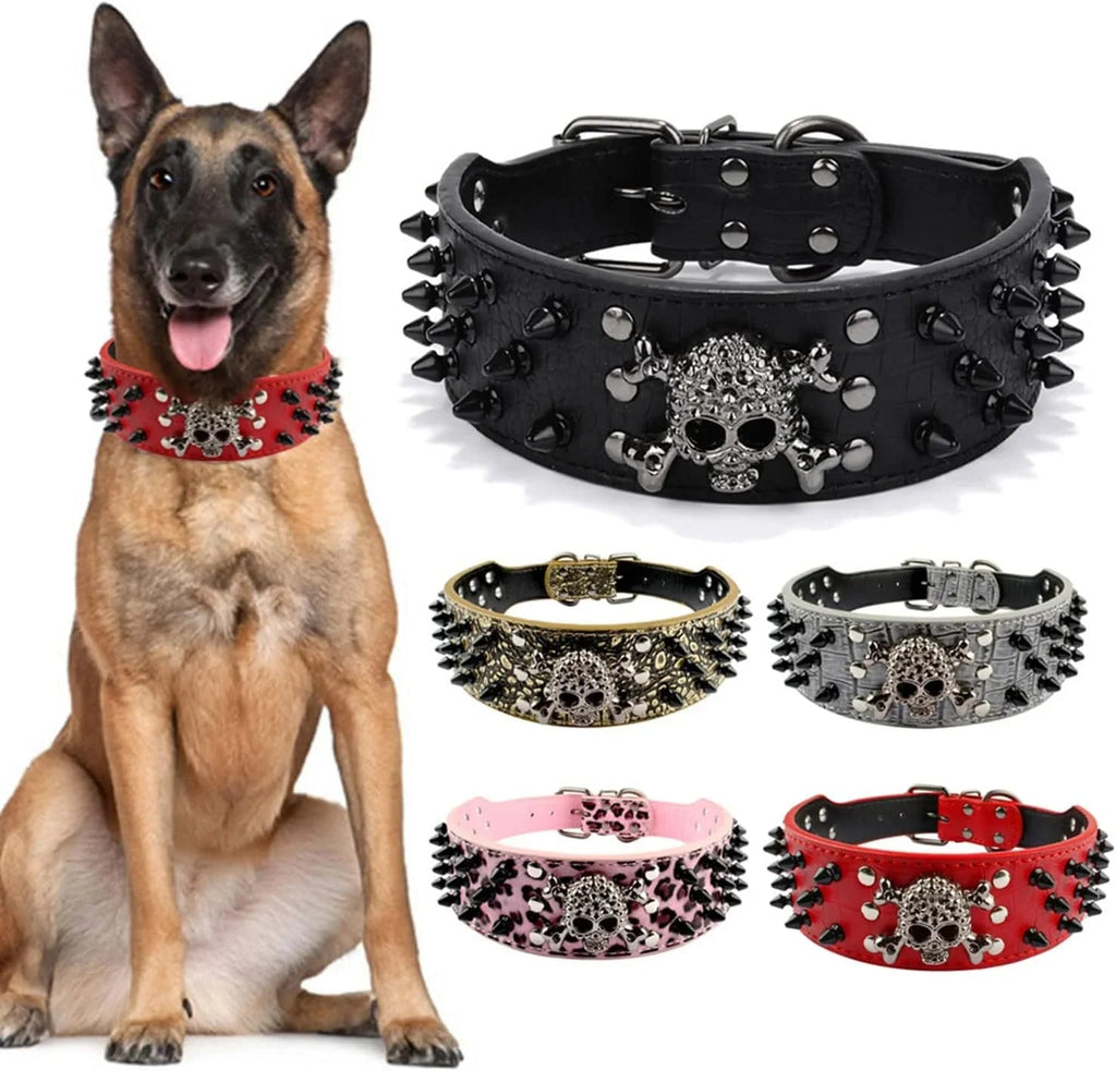 Adjustable Spiked Skull Leather Dog Collar, Bullet Rivets Studded Croco Faux Leather Collar for Small Medium Large Dogs as Labrador Pit Bull Bulldog Pugs Boxers - Pet Supermarket