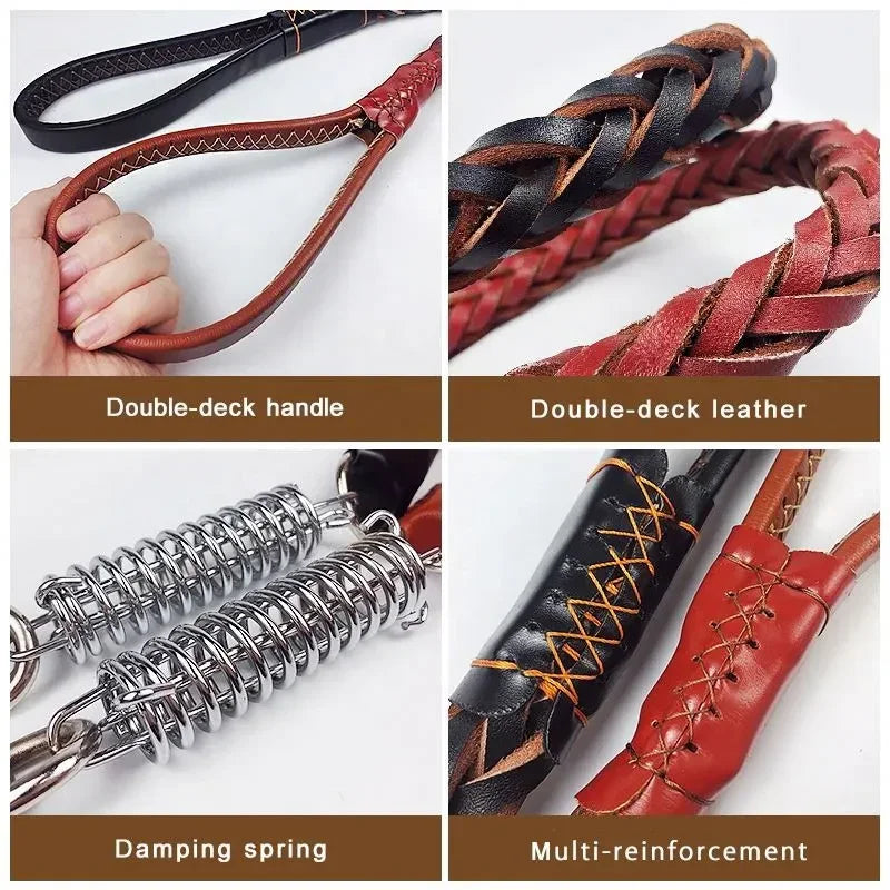 120cm Leather Braided Dog Leash Black Padded Handle Pet Walking Running Leads with Spring Buffer for Medium Large Dogs Labrador - Pet Supermarket