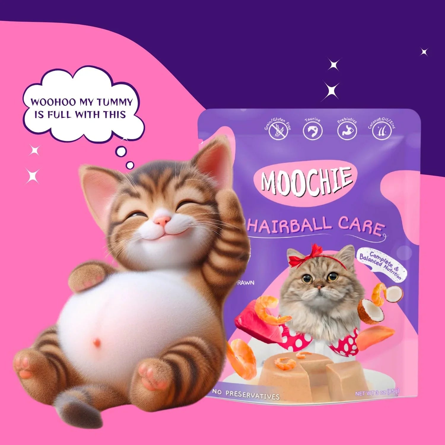 Moochie Non-Vegetarian Cat Foods Pouch for Adult Cats Hairball Care with Prawn 70g - Pet Supermarket