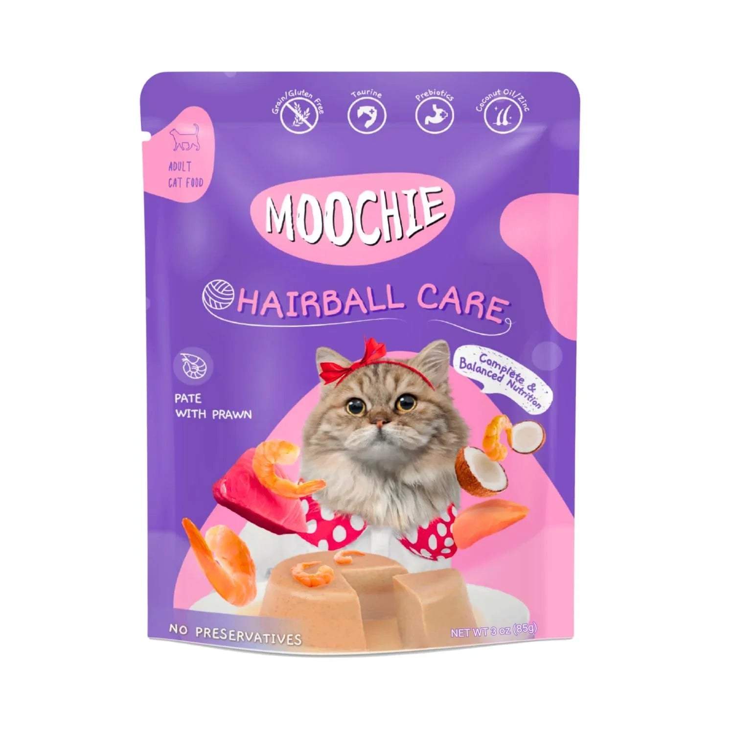 Moochie Non-Vegetarian Cat Foods Pouch for Adult Cats Hairball Care with Prawn 70g