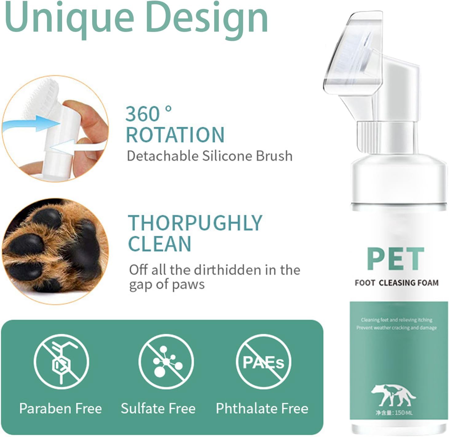 Nexolla Paw Cleaner, Pet Paw Cleansing Foam with Silicone Cleaning Brush for Pets, Waterless Foam for Cleaning Feet Clean