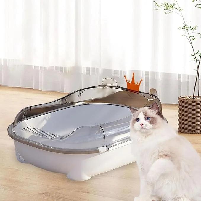 Open Litter Box Kitty Litter Pan Cartoon Appearance High Sided Cat Litter Container Large Space Bedpan Kitten Toilet, Gray