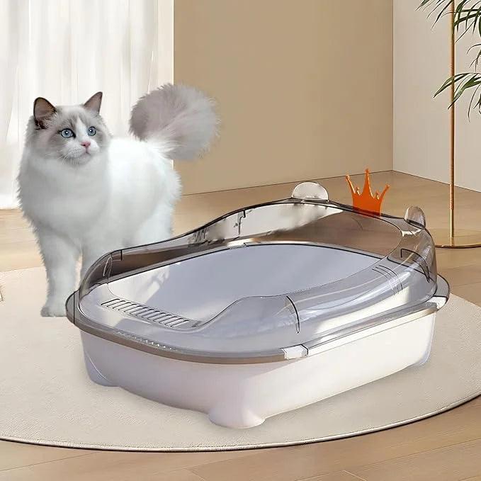 Open Litter Box Kitty Litter Pan Cartoon Appearance High Sided Cat Litter Container Large Space Bedpan Kitten Toilet, Gray