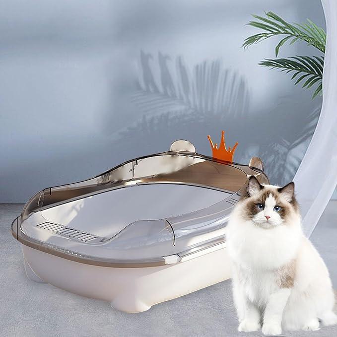 Open Litter Box Kitty Litter Pan Cartoon Appearance High Sided Cat Litter Container Large Space Bedpan Kitten Toilet, Gray