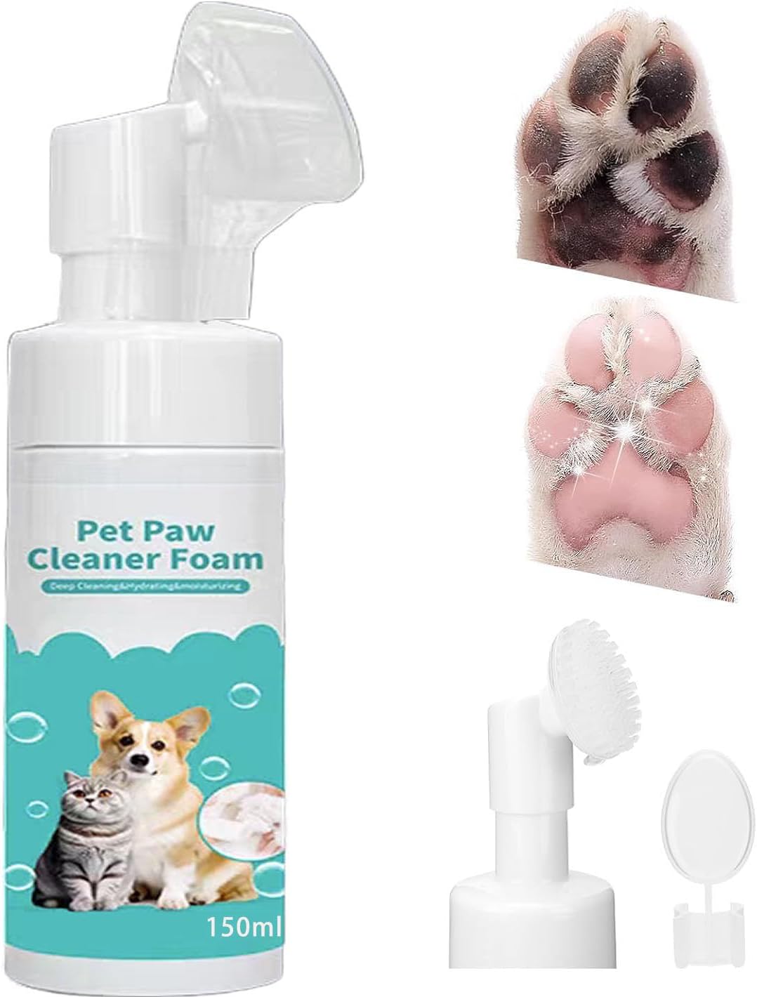 Pet Dog Paw Cleaner Foam, No-Rinse Formula with Soft Bristle Scrubber, Dog Paw Cleaner & Washer for Muddy Paws