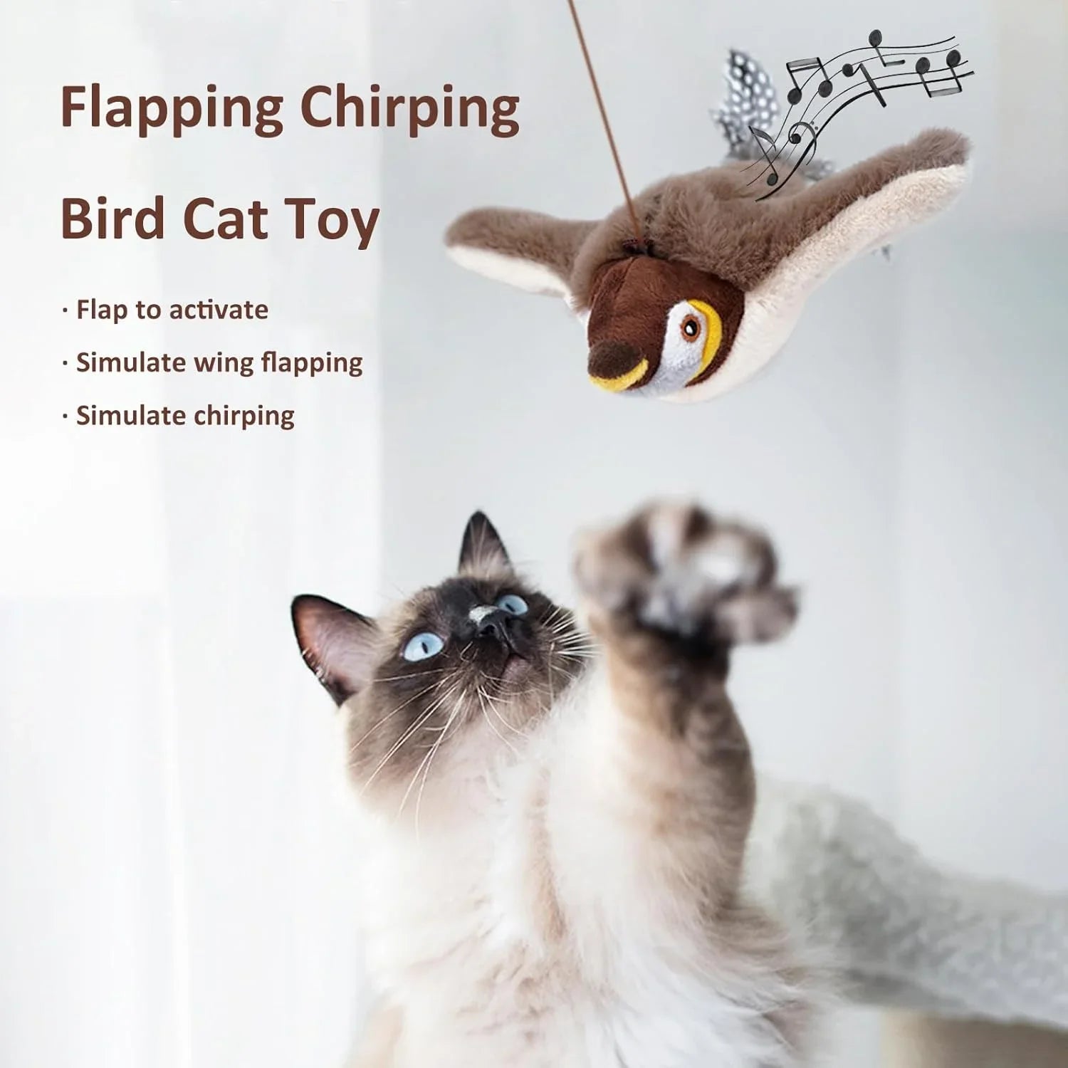 Pet Cat Interactive Toys, Rechargeable Chirping Flapping Bird (no Flying) with Catnip for Indoor Cats, Touch Activated Plush Toys