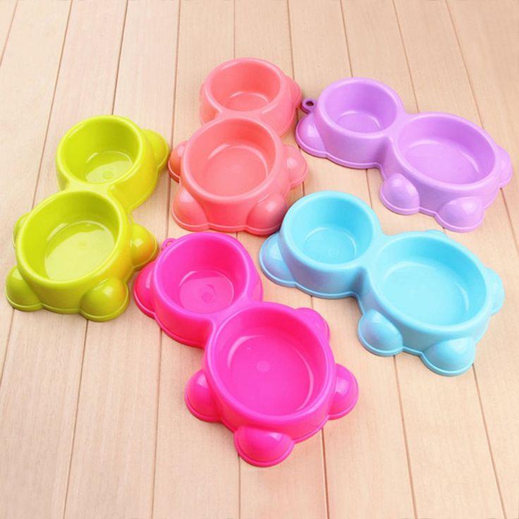 Cat Dog Double Food Water Bowl Cat Cute Plastic Dish Bear Double Bowl Water Food Feeder