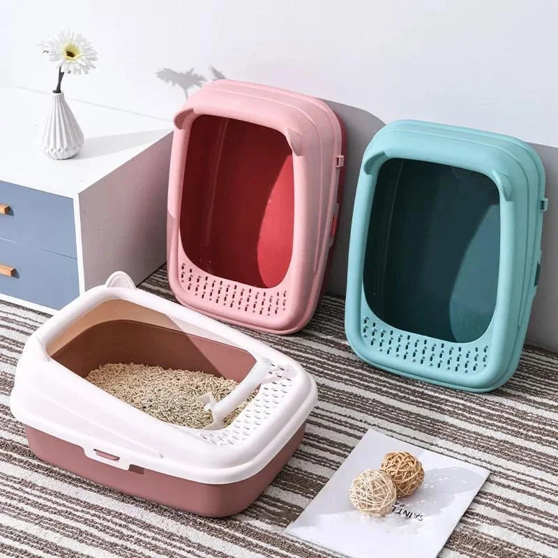 Semi-Enclosed Premium Litter Box, Cat Ear Shaped Open Top Cat Litter Tray, Extra Large Cat Litter Box
