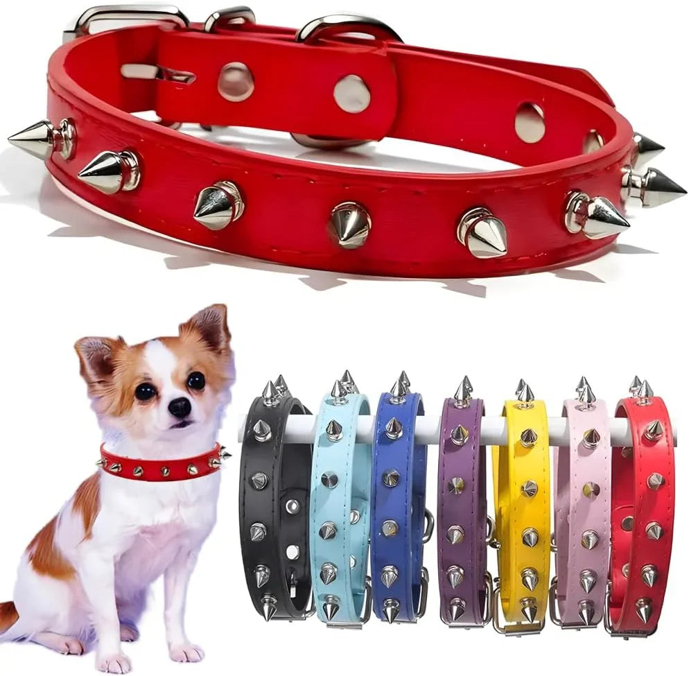 Spike Dog Collar with Spikes, Adjustable Rivet Dog Collar, Genuine Leather Spiked Studded Dog Pet Collars for Cats Puppies Small Medium Large Dogs