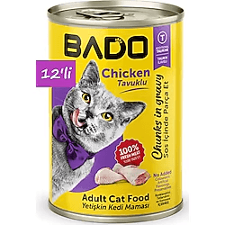 BADO Chicken Chunks in Gravy Adult Cat Food BADO adult cat food features tender chicken chunks in savory gravy, made with 100% fresh meat for a delicious and wholesome meal. Enriched with additional taurine, it supports your cat's heart health and vision. Free from added colors, flavors, and preservatives, this premium-quality meal is perfect for maintaining the health and happiness of adult cats. Comes in a convenient 12-pack for regular feeding!
