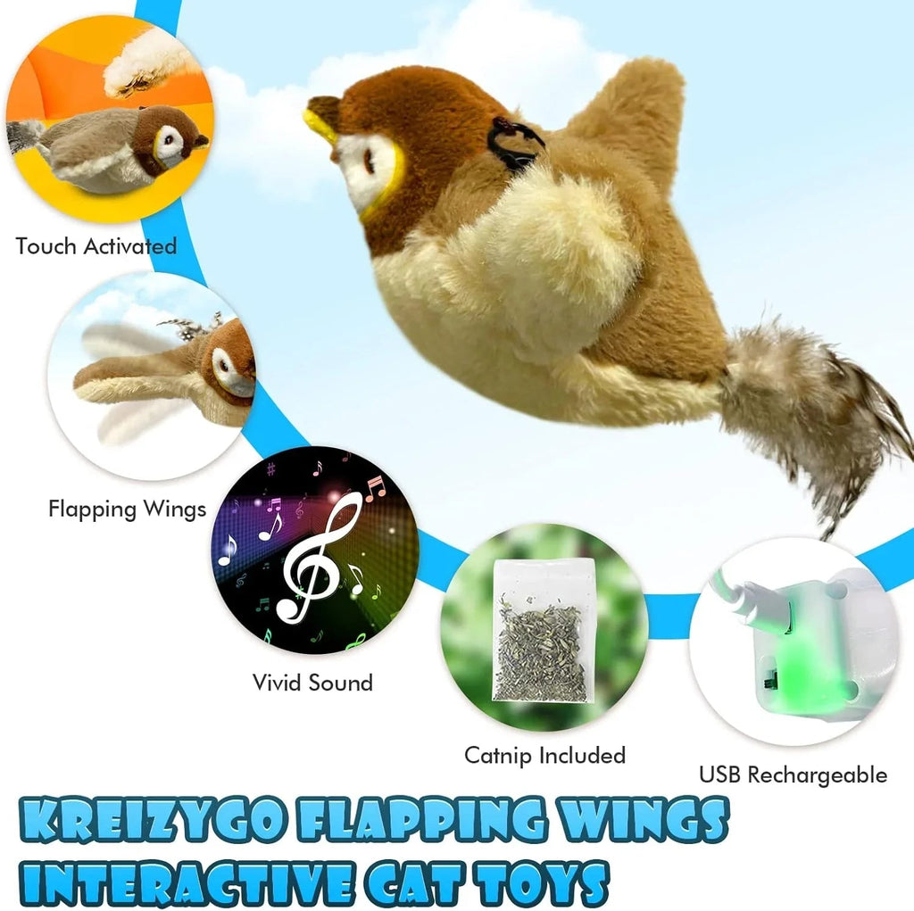 Pet Cat Interactive Toys, Rechargeable Chirping Flapping Bird (no Flying) with Catnip for Indoor Cats, Touch Activated Plush Toys - Pet Supermarket