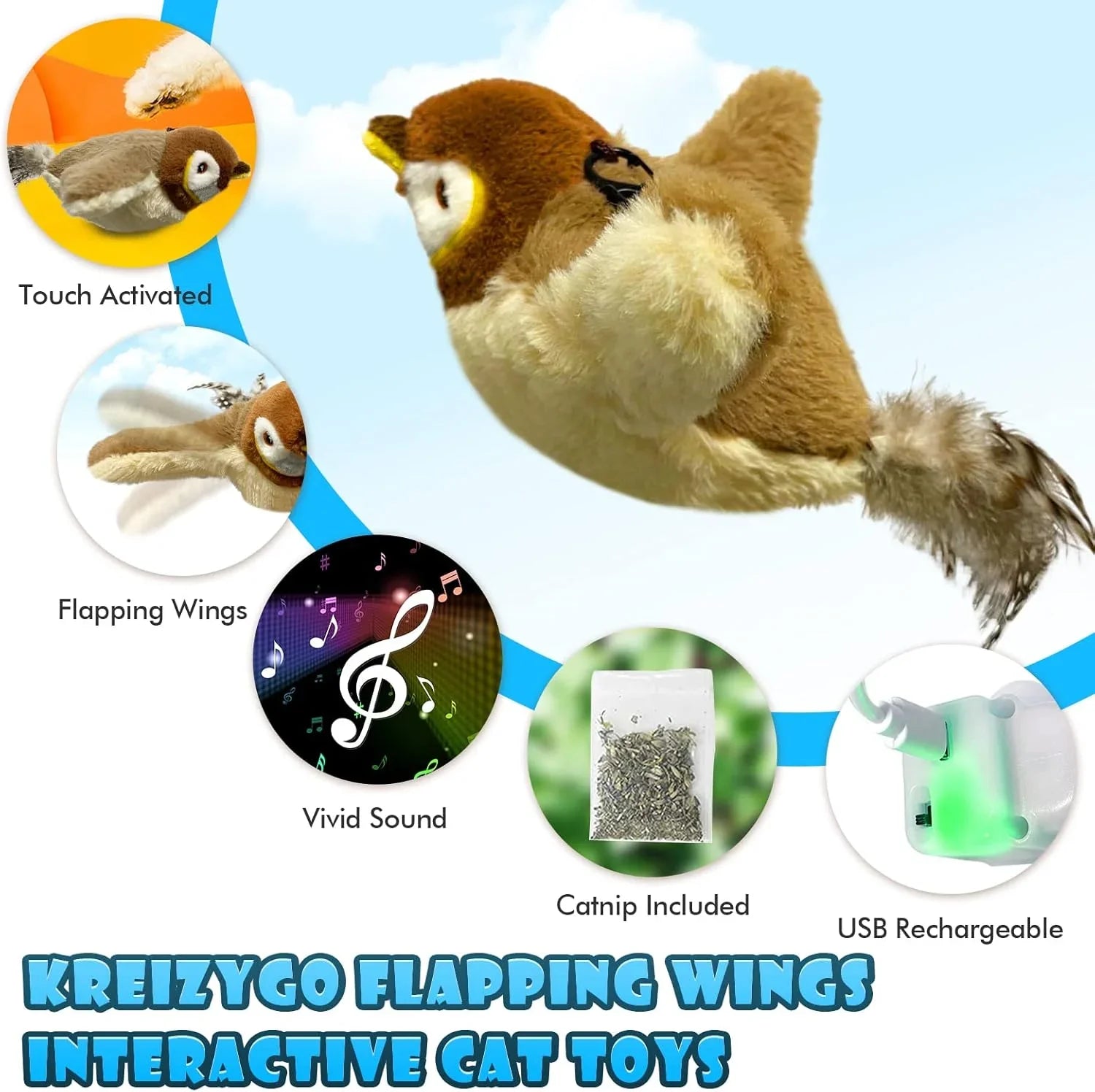 Pet Cat Interactive Toys, Rechargeable Chirping Flapping Bird (no Flying) with Catnip for Indoor Cats, Touch Activated Plush Toys - Pet Supermarket