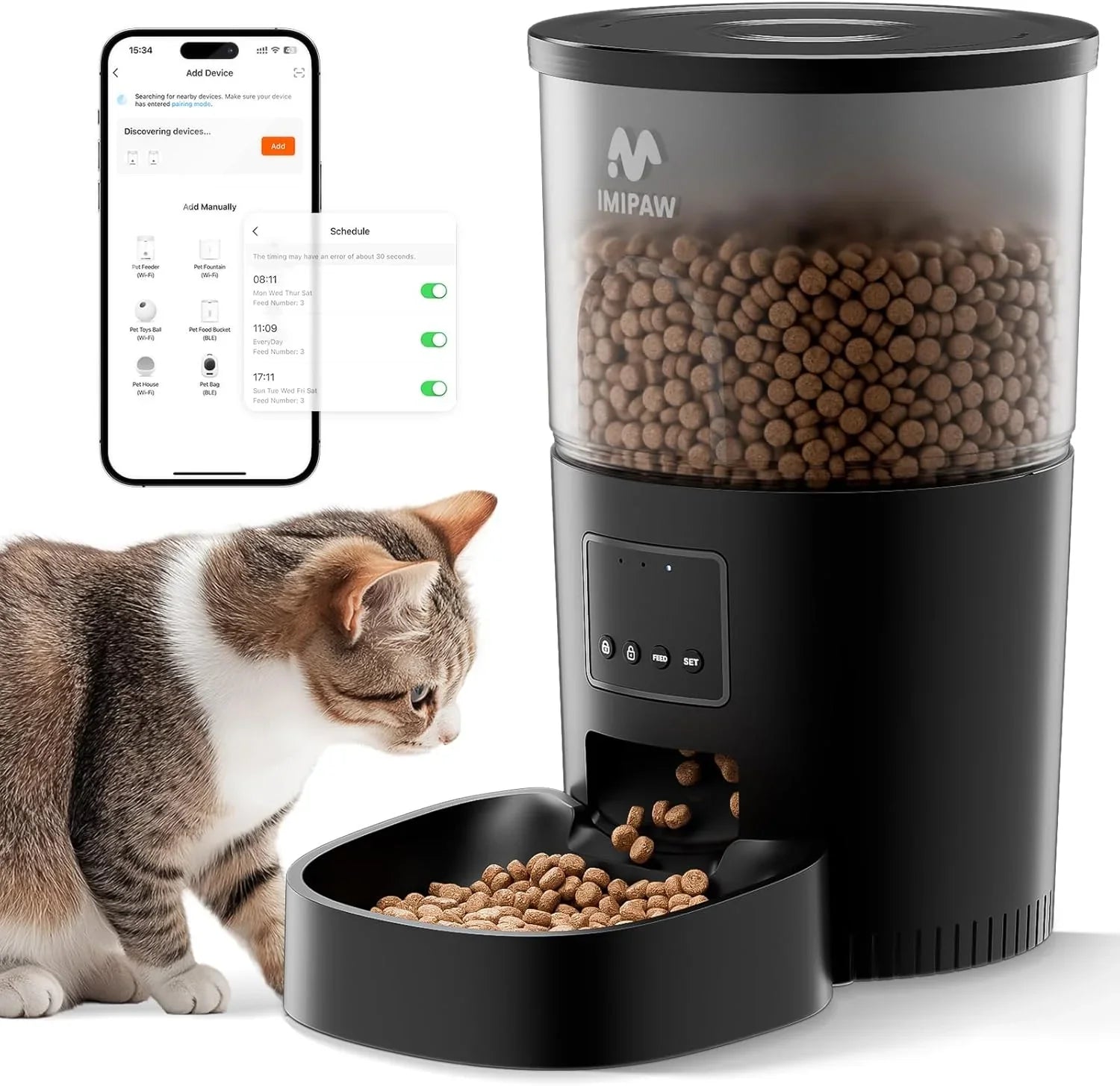 Automatic Cat Food Dispenser, WiFi Cat Feeder with APP Remote Control for Dry Pet Food, Programmable Timer, Dual Power Supply, Slow Feeder for Cats & Small Dogs - Pet Supermarket