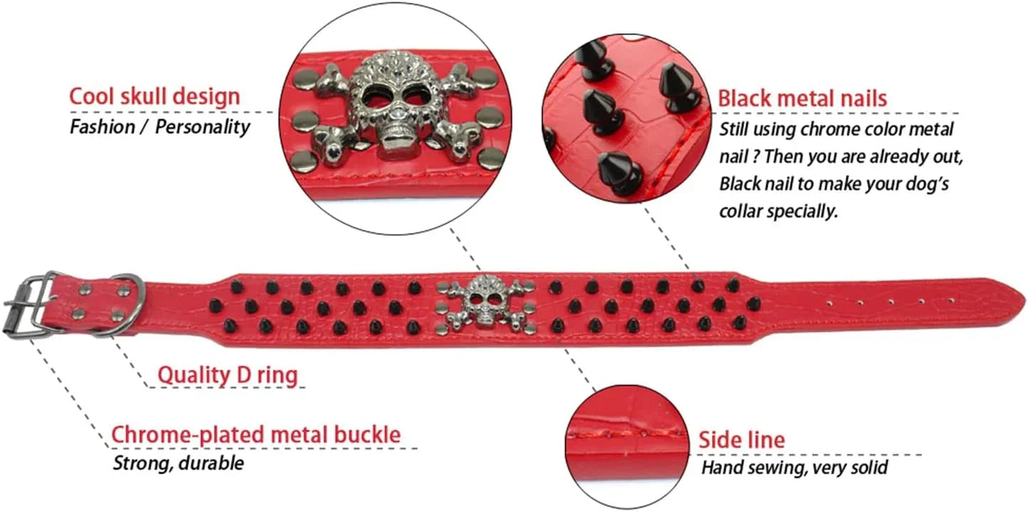 Adjustable Spiked Skull Leather Dog Collar, Bullet Rivets Studded Croco Faux Leather Collar for Small Medium Large Dogs as Labrador Pit Bull Bulldog Pugs Boxers - Pet Supermarket