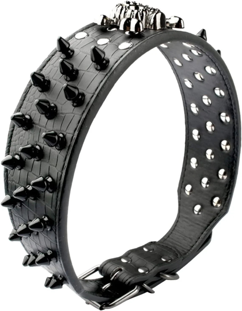 Adjustable Spiked Skull Leather Dog Collar, Bullet Rivets Studded Croco Faux Leather Collar for Small Medium Large Dogs as Labrador Pit Bull Bulldog Pugs Boxers - Pet Supermarket