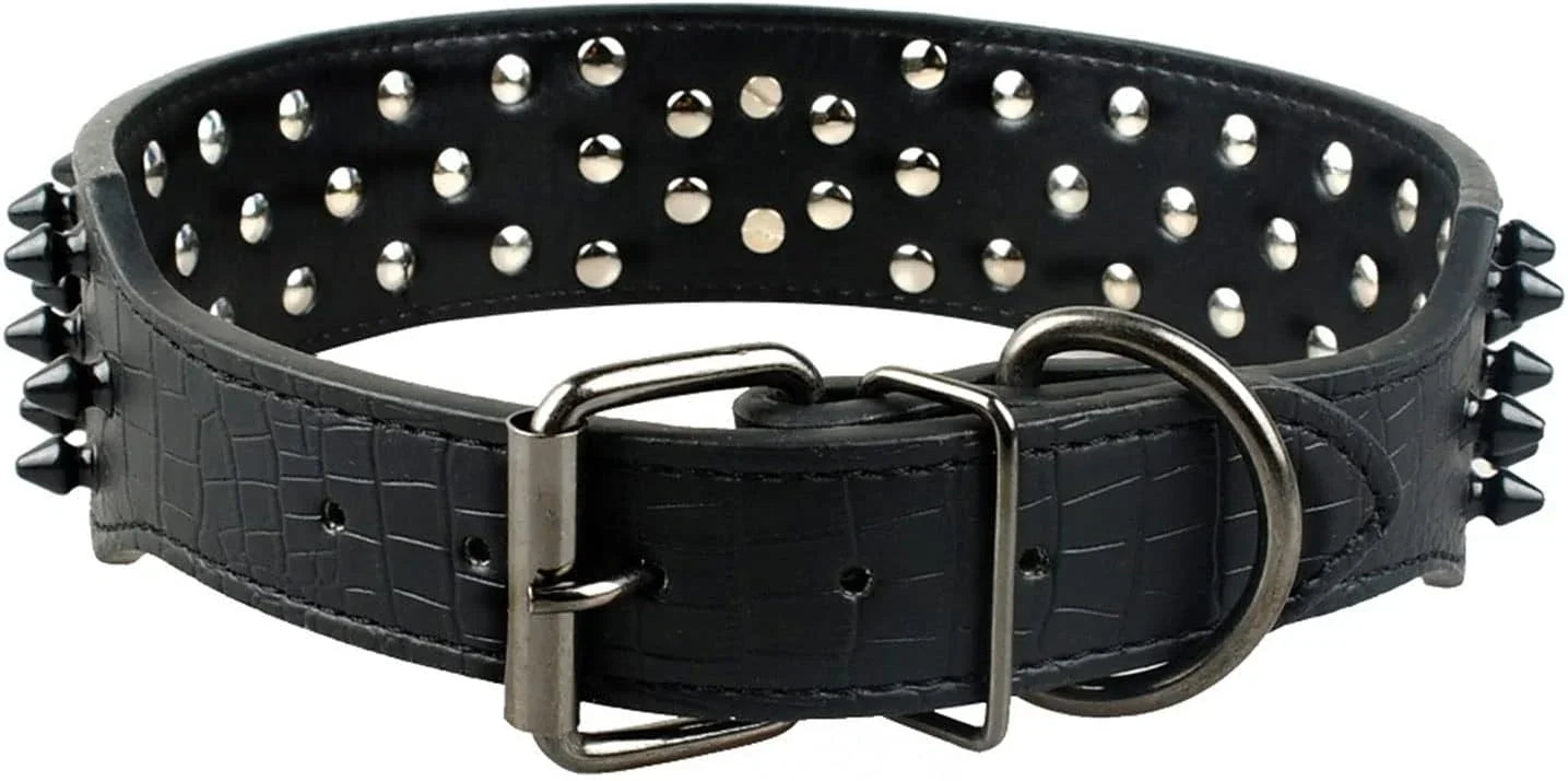 Adjustable Spiked Skull Leather Dog Collar, Bullet Rivets Studded Croco Faux Leather Collar for Small Medium Large Dogs as Labrador Pit Bull Bulldog Pugs Boxers - Pet Supermarket