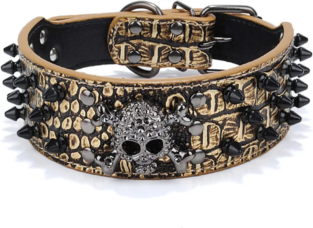 Adjustable Spiked Skull Leather Dog Collar, Bullet Rivets Studded Croco Faux Leather Collar for Small Medium Large Dogs as Labrador Pit Bull Bulldog Pugs Boxers - Pet Supermarket