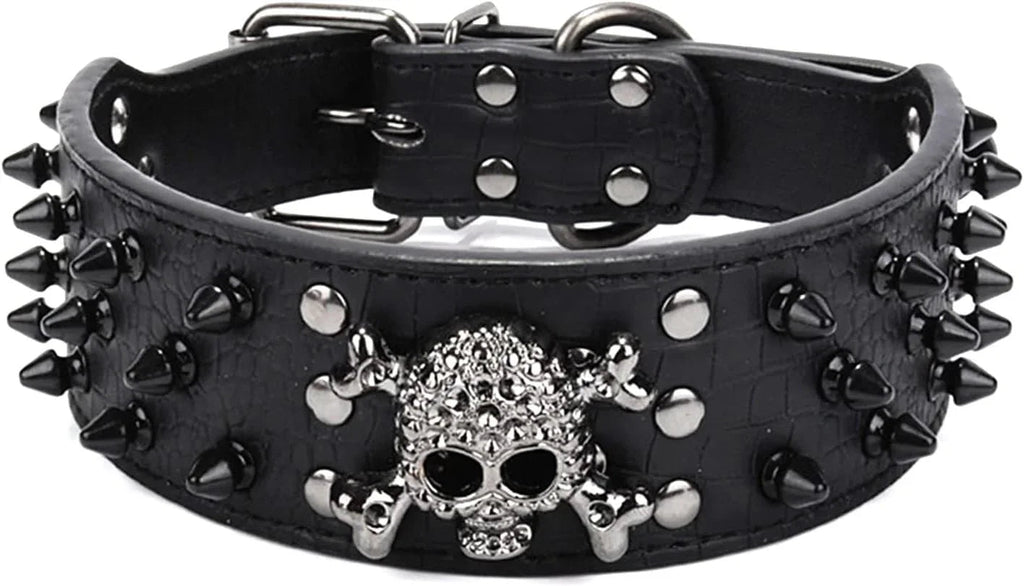 Adjustable Spiked Skull Leather Dog Collar, Bullet Rivets Studded Croco Faux Leather Collar for Small Medium Large Dogs as Labrador Pit Bull Bulldog Pugs Boxers - Pet Supermarket