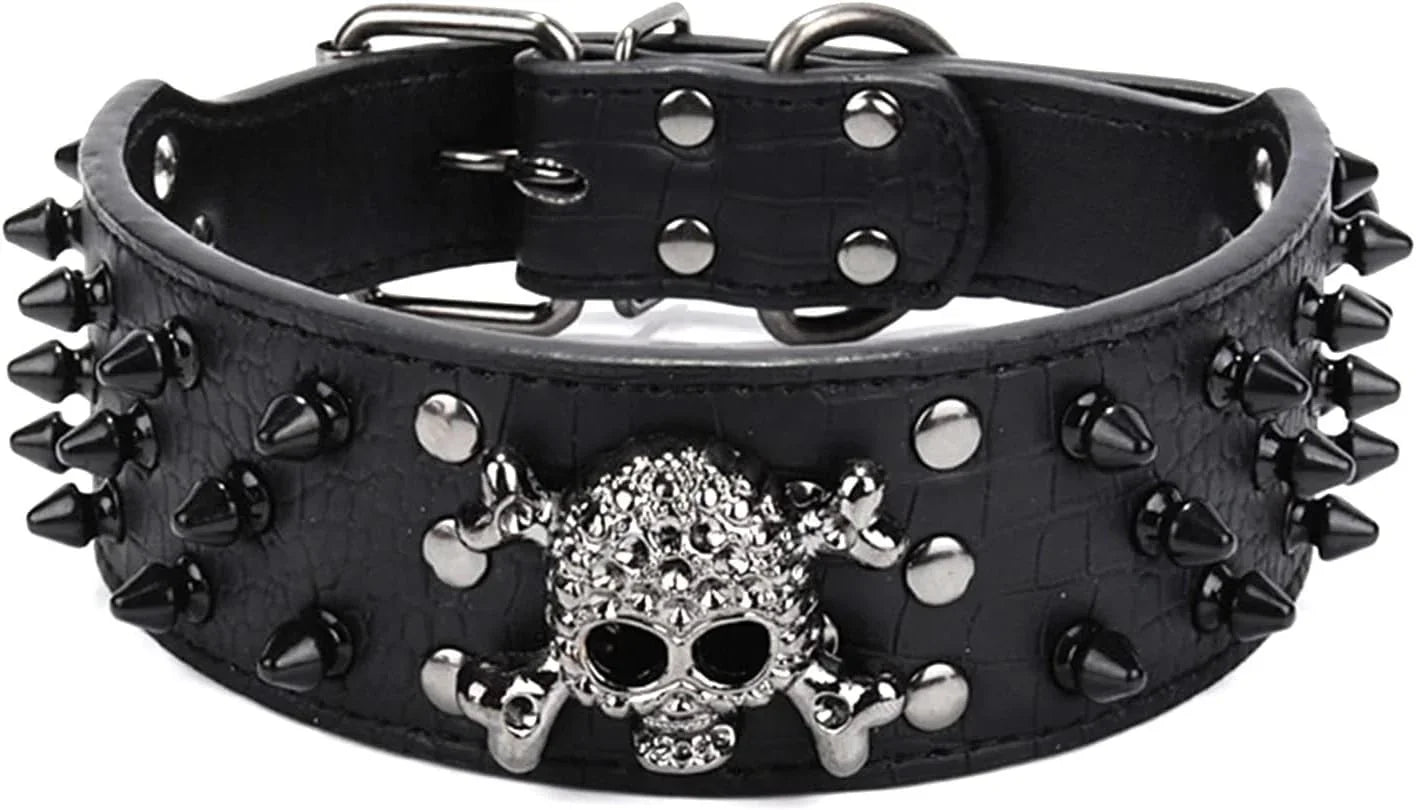 Adjustable Spiked Skull Leather Dog Collar, Bullet Rivets Studded Croco Faux Leather Collar for Small Medium Large Dogs as Labrador Pit Bull Bulldog Pugs Boxers - Pet Supermarket