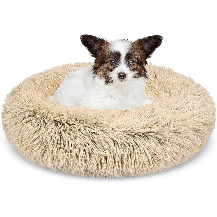 Round Pet bed, Plush Soft Washable Self-Warming Calming Dog Bed Donut Cuddler Round Dog Bed Comfortable for Sleeping in Winter(Beige,67cm)Brown