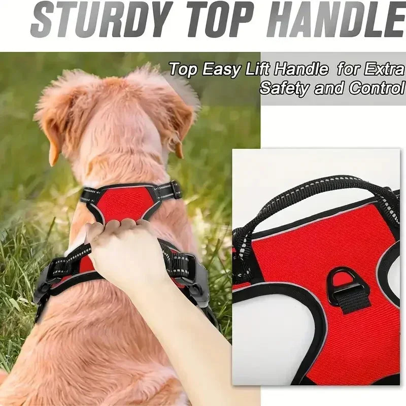 Dog Large Harness, No Pull Dog Harness Reflective Adjustable Soft Padded Pet Vest with Front & Back 2 Metal Leash Hooks, 2 Snap Buckles and Easy Control Handle - Pet Supermarket
