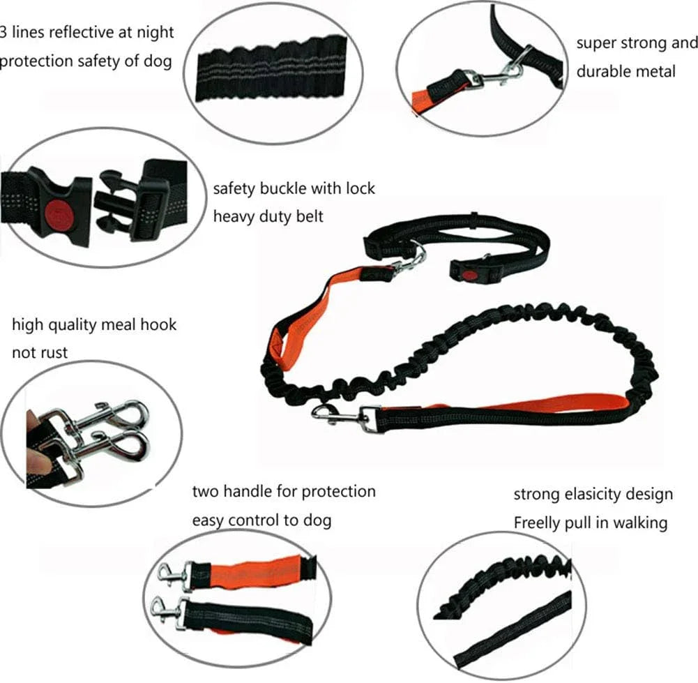 Hands Free Dog Leash, Adjustable Waist Belt and Dual-Handle Retractable Bungee Leash, Jogging Dog Leash with Reflective Stitching, Random Colors - Pet Supermarket