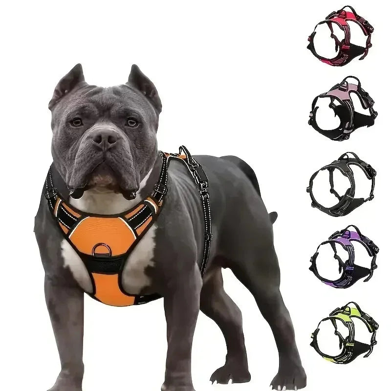 Dog Large Harness, No Pull Dog Harness Reflective Adjustable Soft Padded Pet Vest with Front & Back 2 Metal Leash Hooks, 2 Snap Buckles and Easy Control Handle