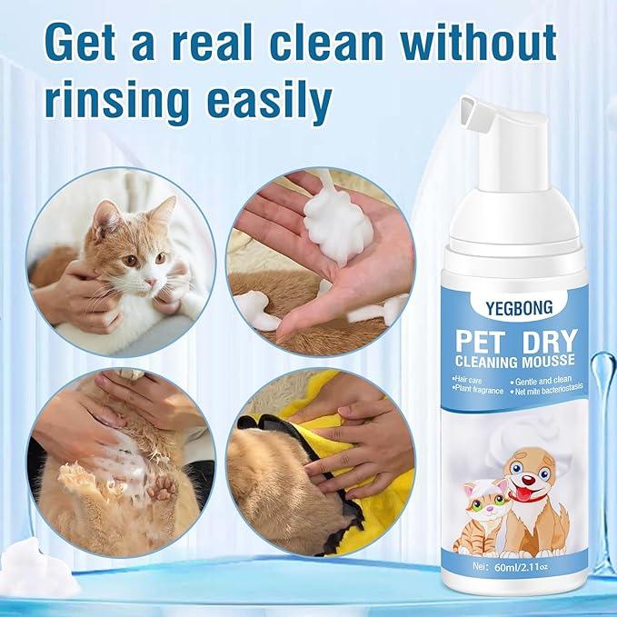 Yegbong Pets Dry Bath Foam Shampoo, Dog Shampoo with Natural Ingredients 60ml, Hypoallergenic Dry Shampoo for Cats and Dog, Pet No-Rinse Waterless Shampoo