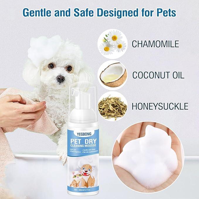 Yegbong Pets Dry Bath Foam Shampoo, Dog Shampoo with Natural Ingredients 60ml, Hypoallergenic Dry Shampoo for Cats and Dog, Pet No-Rinse Waterless Shampoo