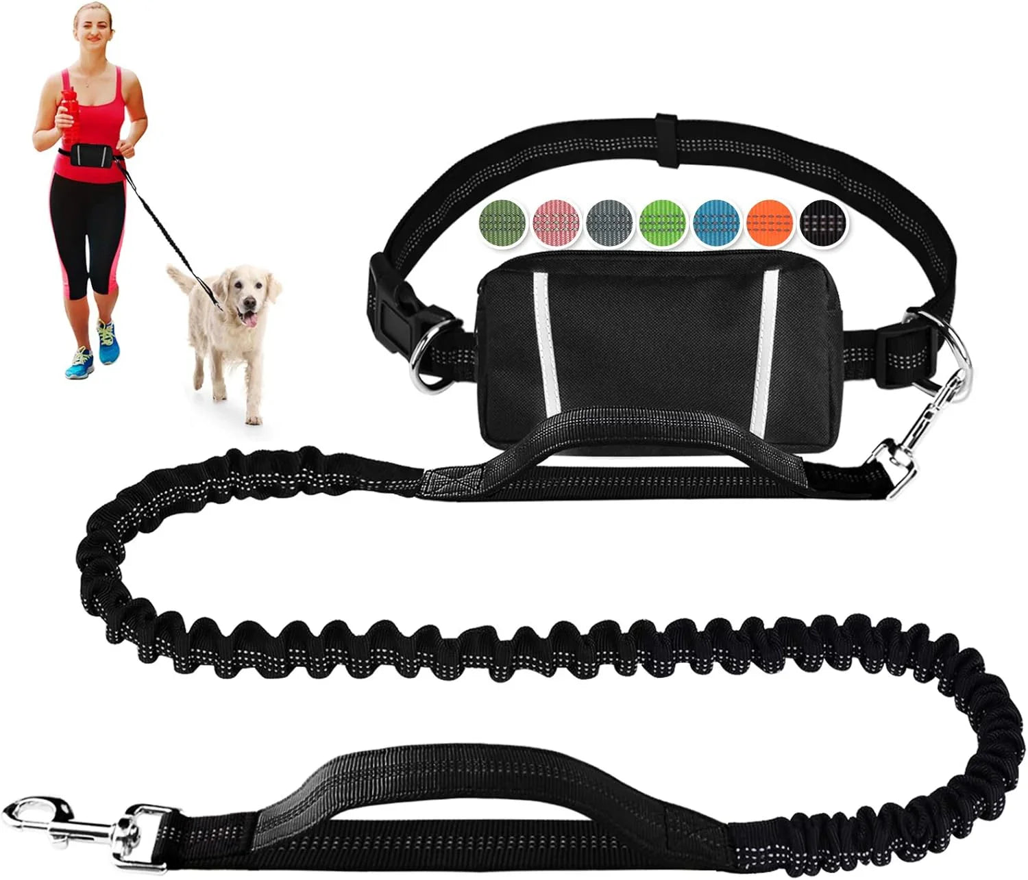 Hands Free Dog Leash, Adjustable Waist Belt and Dual-Handle Retractable Bungee Leash, Jogging Dog Leash with Reflective Stitching, Random Colors - Pet Supermarket