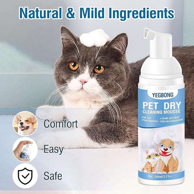 Yegbong Pets Dry Bath Foam Shampoo, Dog Shampoo with Natural Ingredients 60ml, Hypoallergenic Dry Shampoo for Cats and Dog, Pet No-Rinse Waterless Shampoo