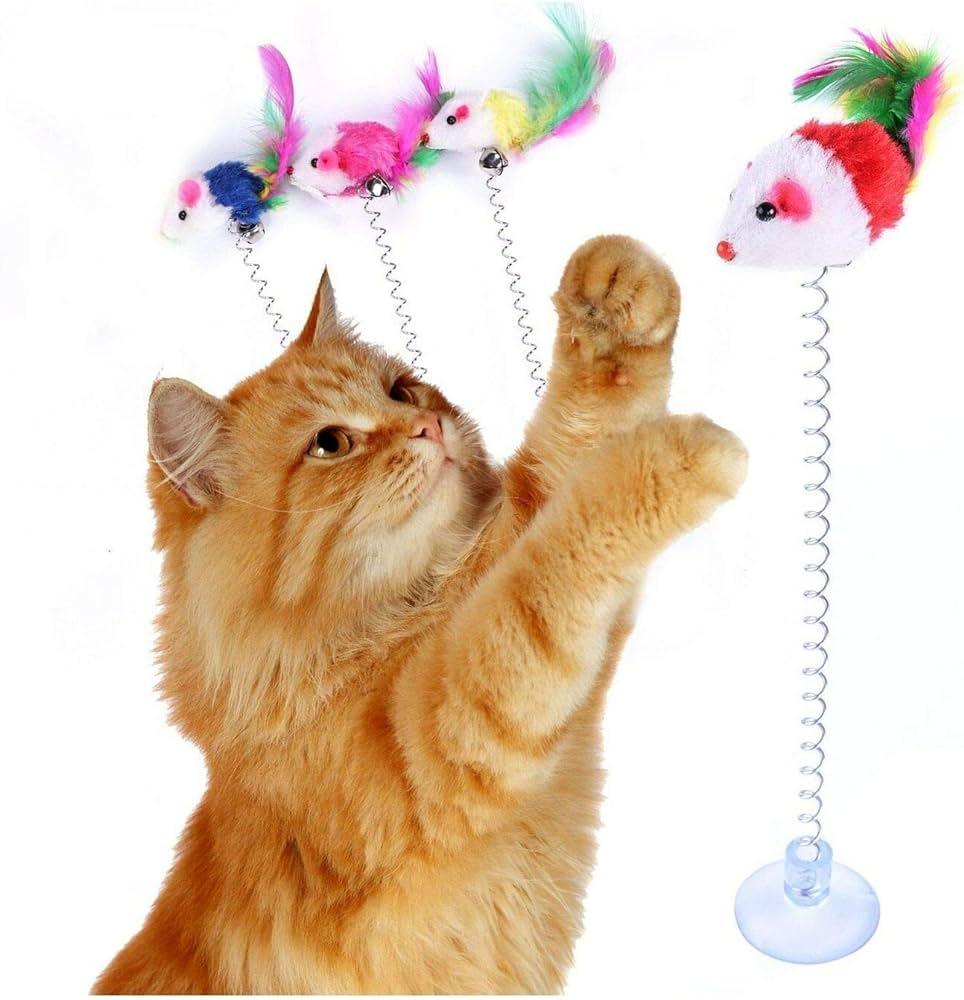 Pet Feather Spring Toy Random Color Suction Cup Cat Fur Ball Wand Teaser Interactive Toys Cat Scratcher Toy Supplies 1PC