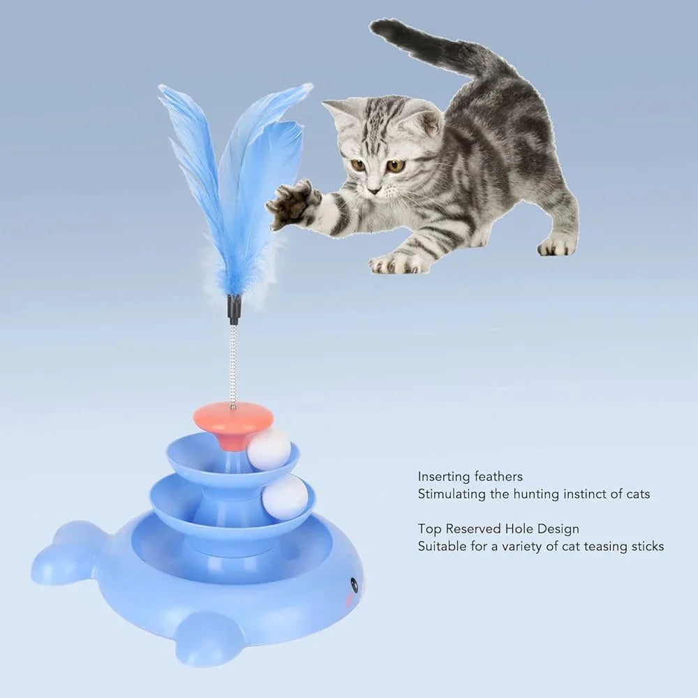 Cat Toy Roller, 3 Levels Turntable Cat Toys Tower Roller Toy with Feather Stick and 3 Balls - Pet Supermarket