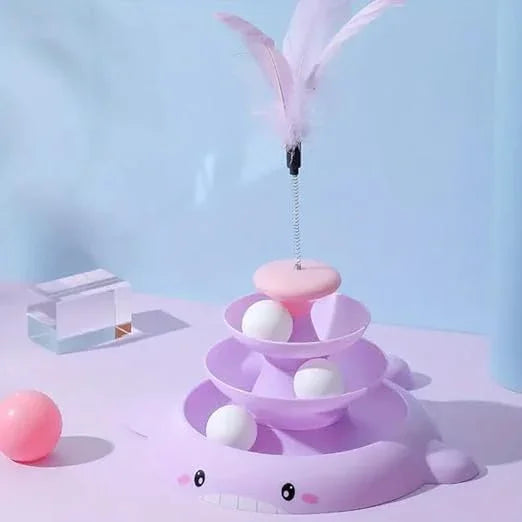 Cat Toy Roller, 3 Levels Turntable Cat Toys Tower Roller Toy with Feather Stick and 3 Balls - Pet Supermarket