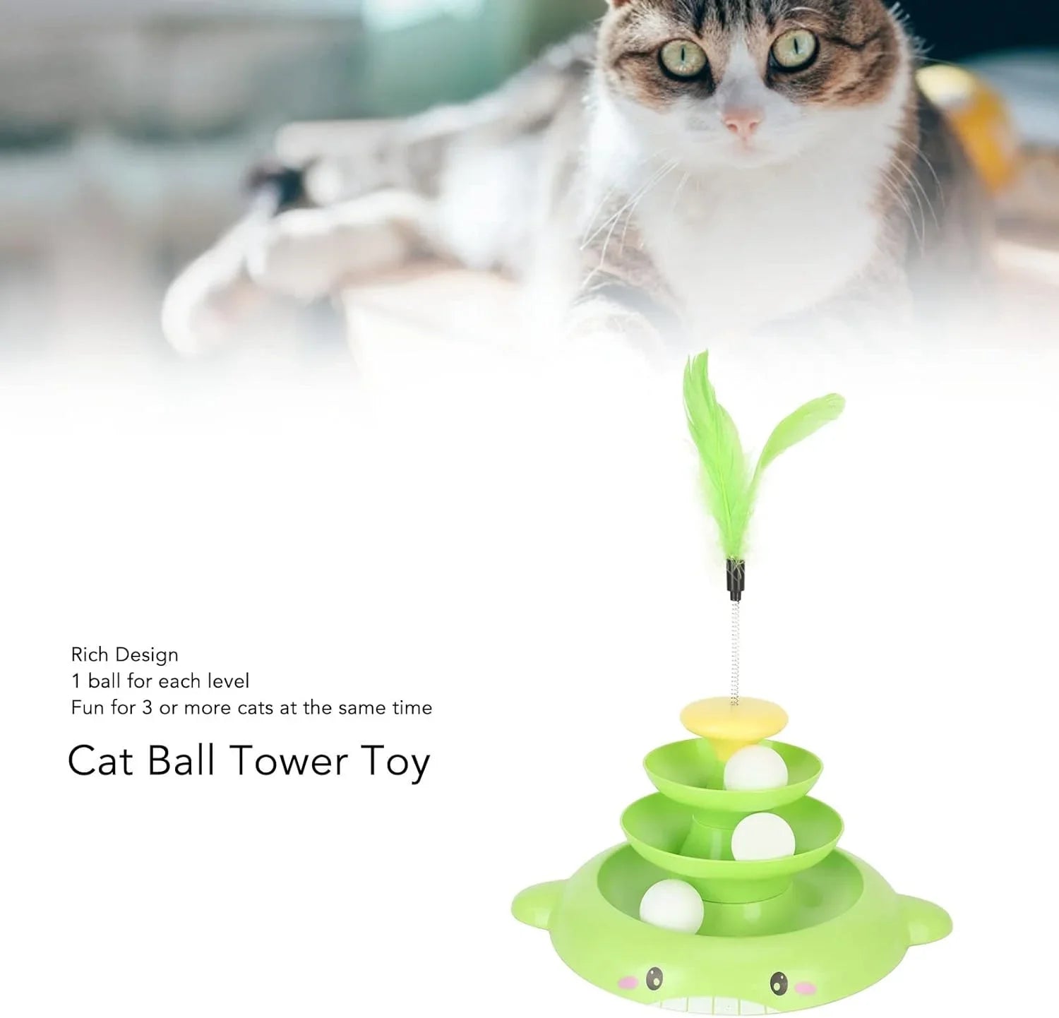 Cat Toy Roller, 3 Levels Turntable Cat Toys Tower Roller Toy with Feather Stick and 3 Balls - Pet Supermarket