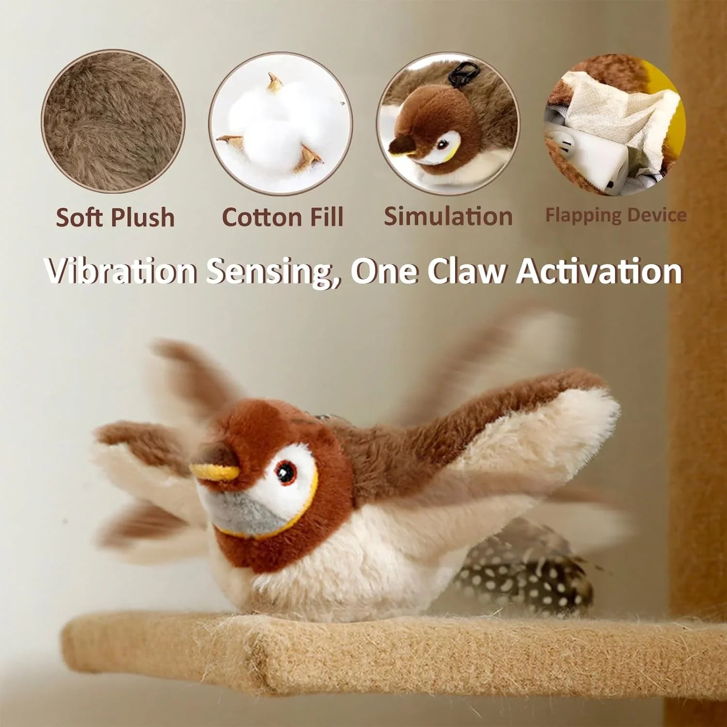Pet Cat Interactive Toys, Rechargeable Chirping Flapping Bird (no Flying) with Catnip for Indoor Cats, Touch Activated Plush Toys - Pet Supermarket