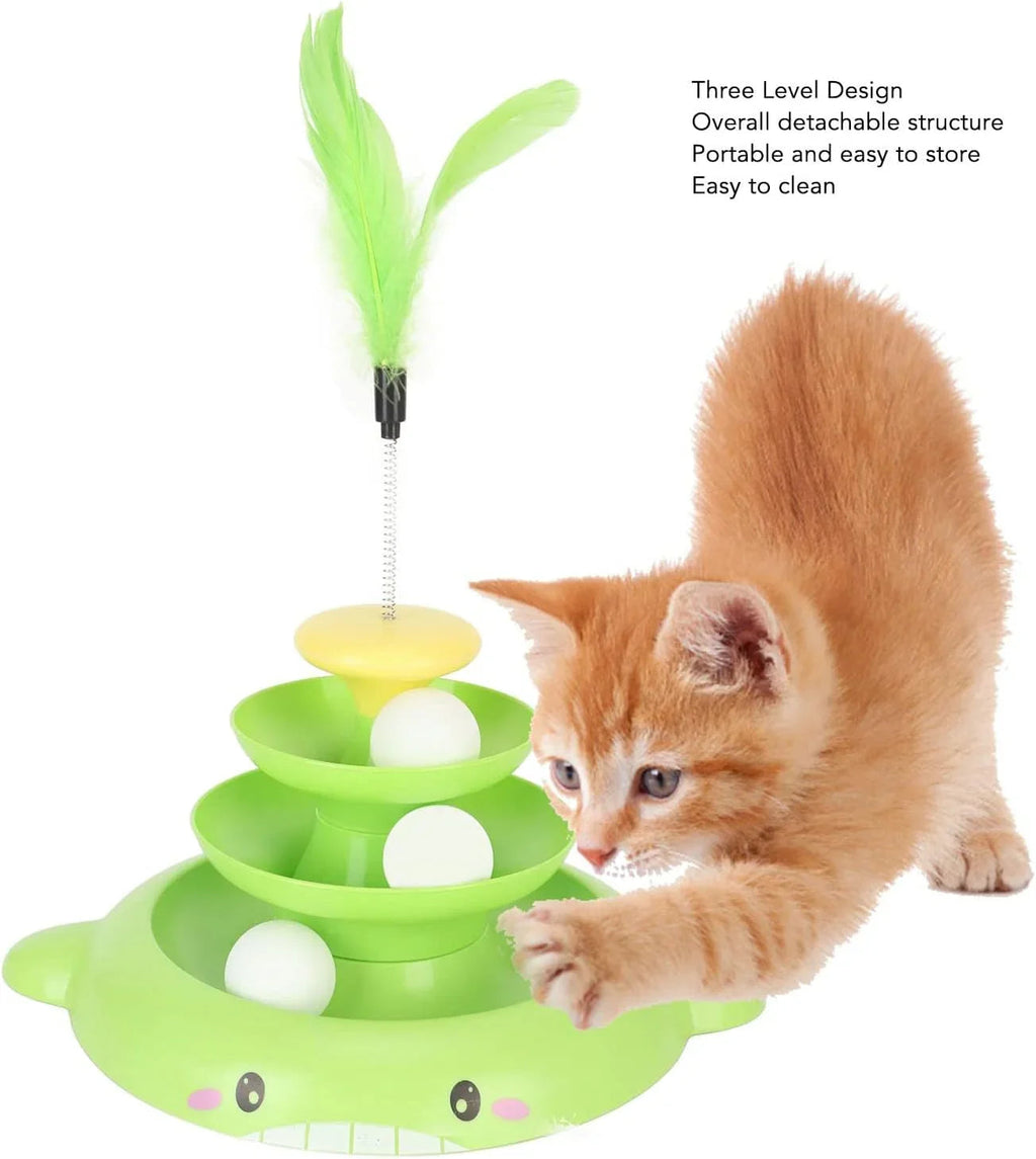 Cat Toy Roller, 3 Levels Turntable Cat Toys Tower Roller Toy with Feather Stick and 3 Balls - Pet Supermarket